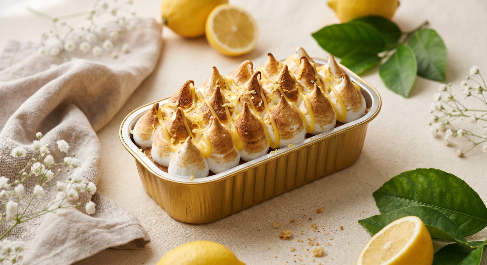 Limón en pan dorado con merengue dorado y ralladura de limón