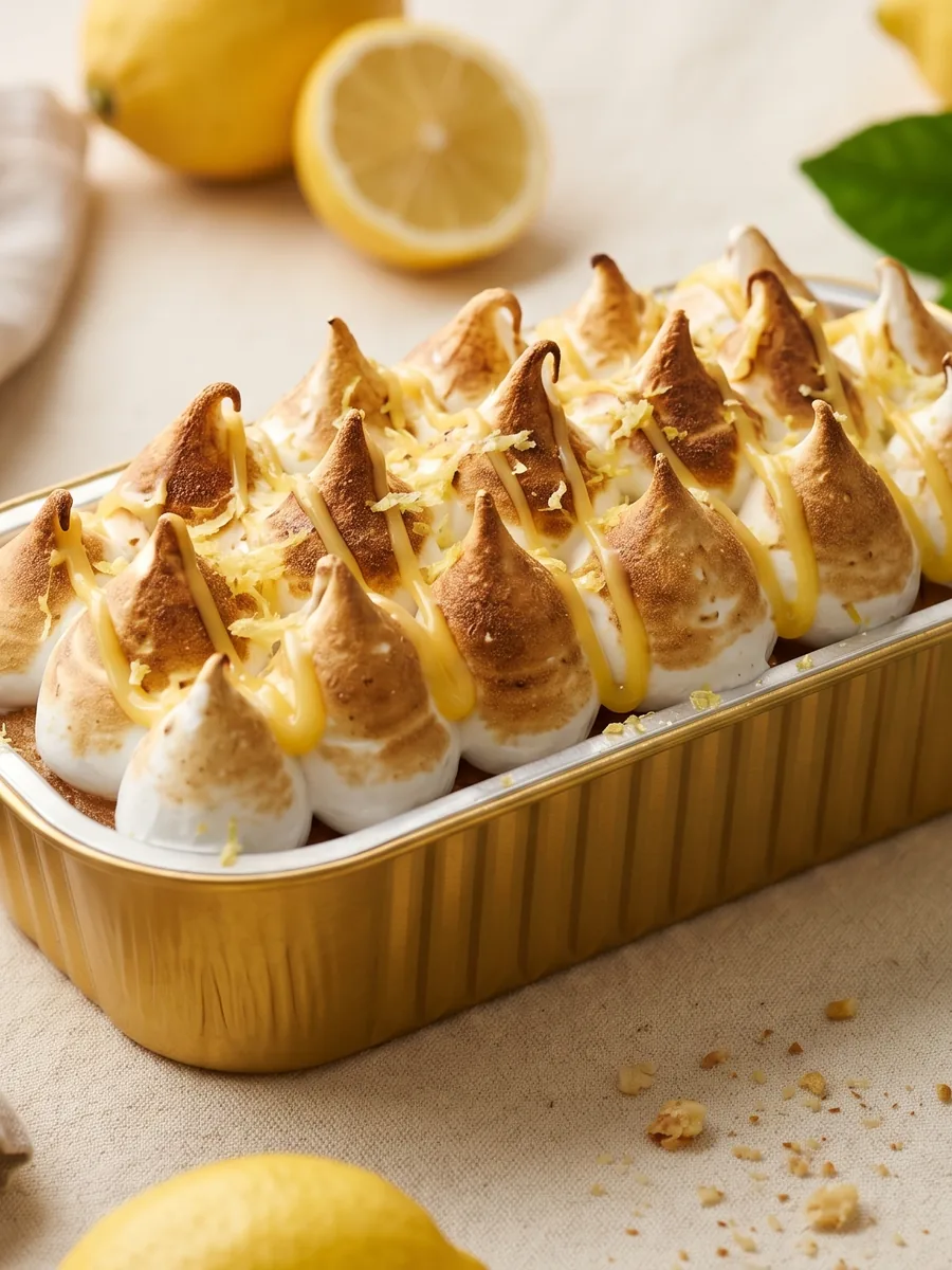Cupcake de limón sobre pan de tres leches con merengue dorado y ralladura de limón