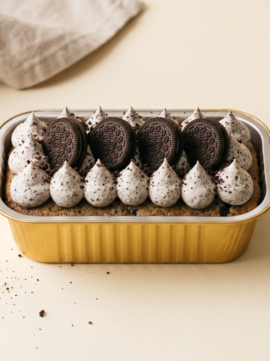 Cupcake Oreo de tres leches en pan dorado con merengue y galletas Oreo encima