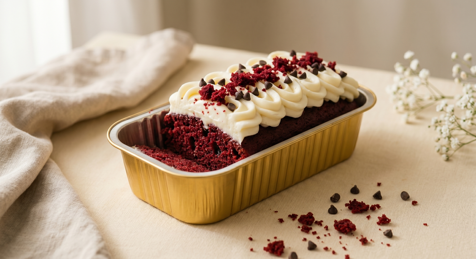 Red Velvet en pan dorado con frosting de queso crema y chispas de chocolate