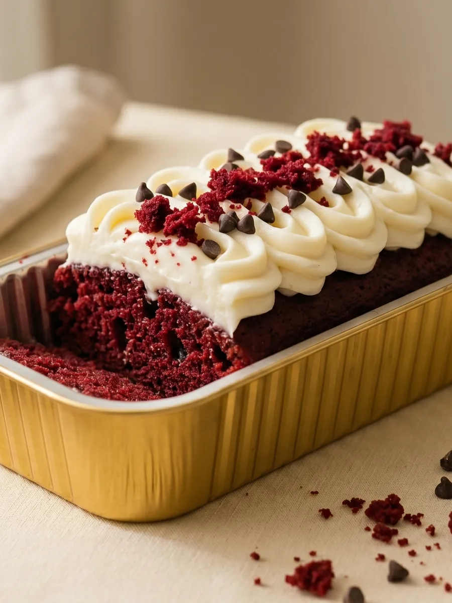 Cupcake Red Velvet de tres leches en pan dorado con frosting de queso crema y chispas de chocolate